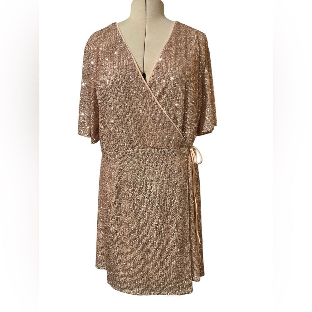 New with Tags She and Sky Sequin Dress Size 2X NYE Formal Wedding Wrap Rose Gold